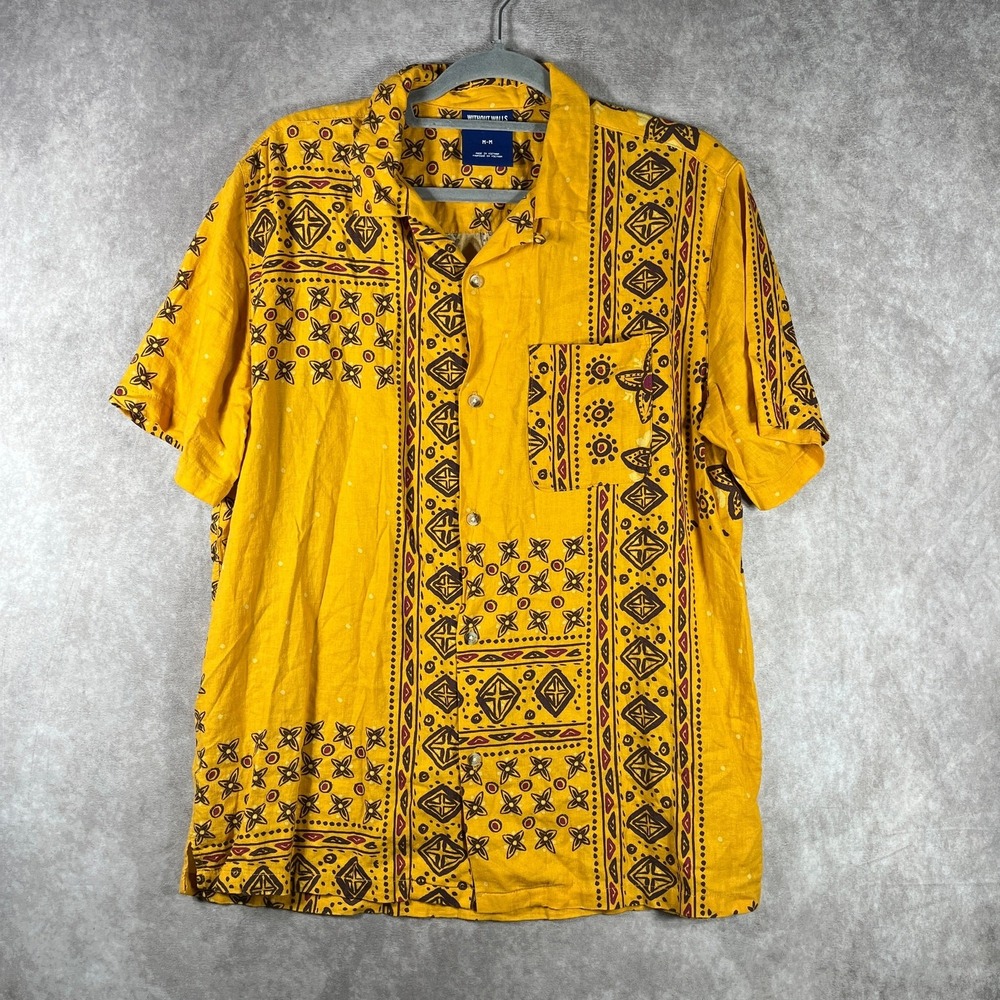 Without Walls Shirt‎ Mens Medium Yellow Floral Linen Blend Hawaiian Southwestern